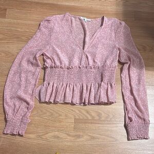 Floral Long Sleeve Crop‎ Top Pink Smocked Ruffle V Neck Blouse